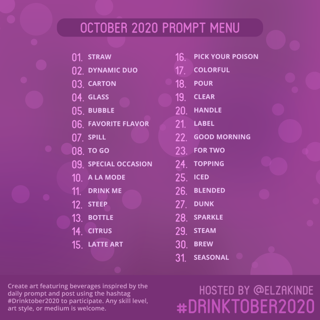 October 2020 Prompt Menu. Includes themes listed below the graphic. Text at the bottom of the graphic reads "create art featuring beverages inspired by the daily prompt and post using the hashtag #Drinktober2020 to participate. Any skill level, art style, or medium is welcome." Hosted by @ElzaKinde. #Drinktober2020
